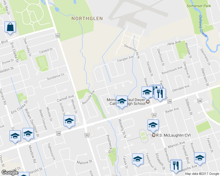 map of restaurants, bars, coffee shops, grocery stores, and more near 679 Bermuda Avenue in Oshawa