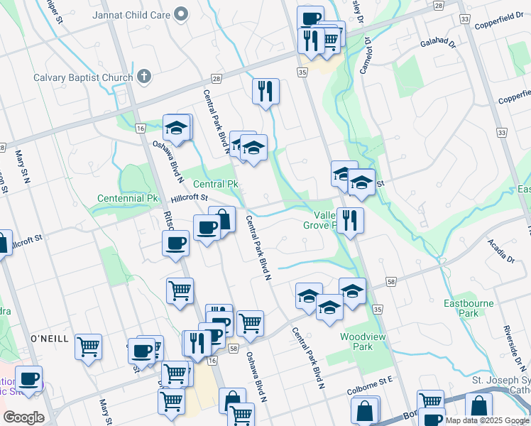map of restaurants, bars, coffee shops, grocery stores, and more near 427 Hillcroft Street in Oshawa