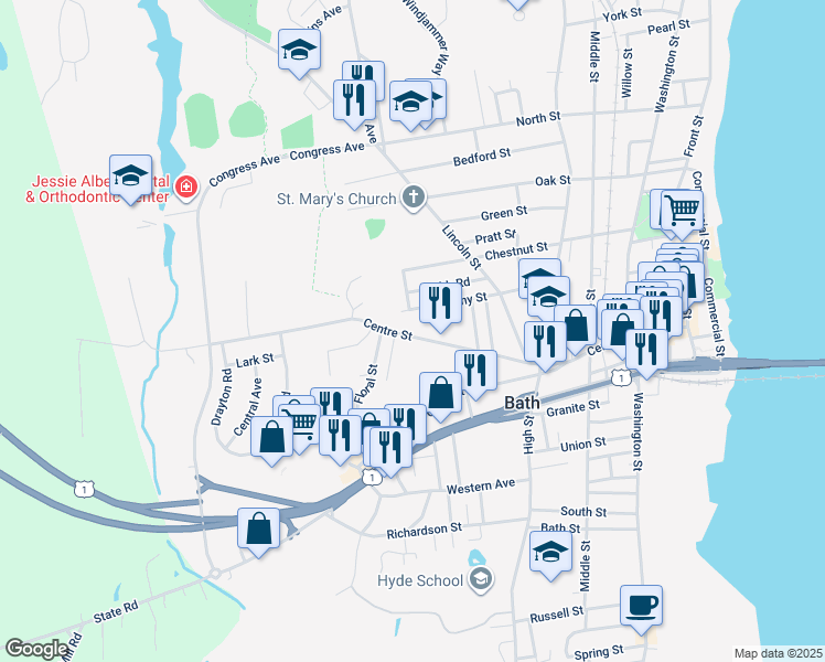 map of restaurants, bars, coffee shops, grocery stores, and more near 269 Centre Street in Bath
