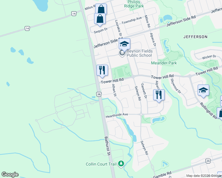 map of restaurants, bars, coffee shops, grocery stores, and more near 50 Hayfield Crescent in Richmond Hill