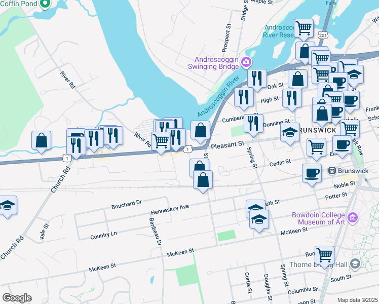 map of restaurants, bars, coffee shops, grocery stores, and more near 101 Pleasant Street in Brunswick