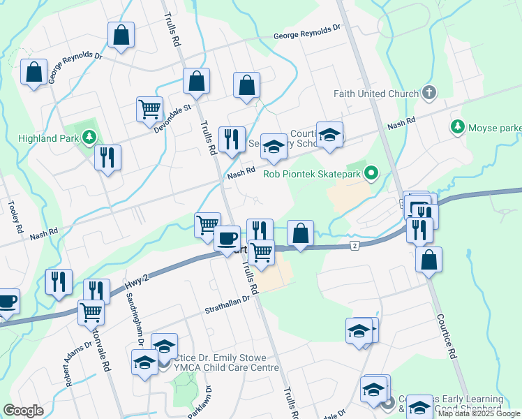 map of restaurants, bars, coffee shops, grocery stores, and more near Unnamed Road in Courtice