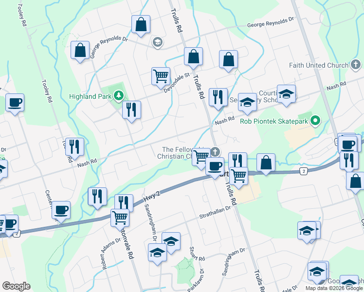 map of restaurants, bars, coffee shops, grocery stores, and more near 10 Barrington Place in Courtice