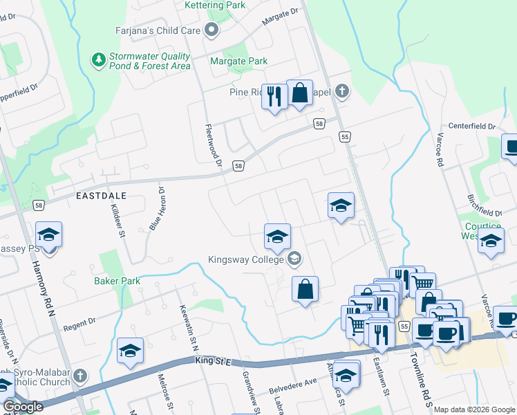 map of restaurants, bars, coffee shops, grocery stores, and more near in Oshawa