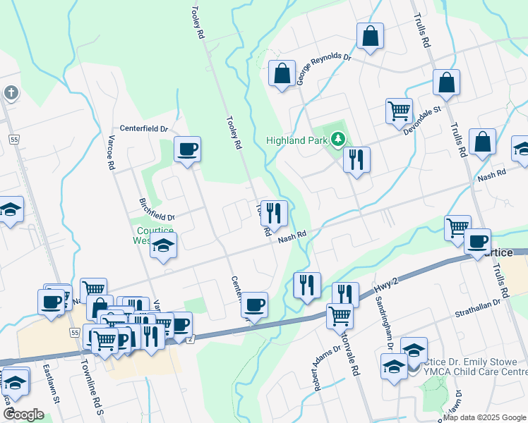 map of restaurants, bars, coffee shops, grocery stores, and more near 3065 Tooley Road in Courtice