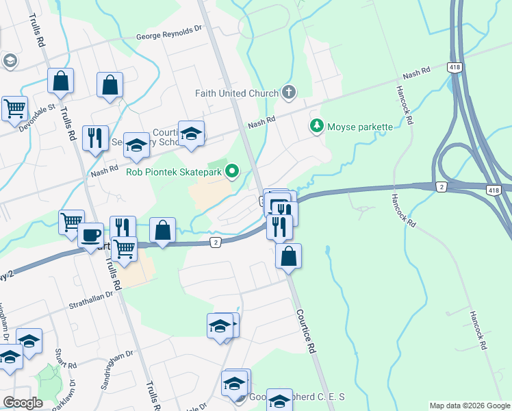 map of restaurants, bars, coffee shops, grocery stores, and more near 2800 Courtice Road in Courtice