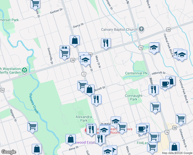 map of restaurants, bars, coffee shops, grocery stores, and more near in Oshawa