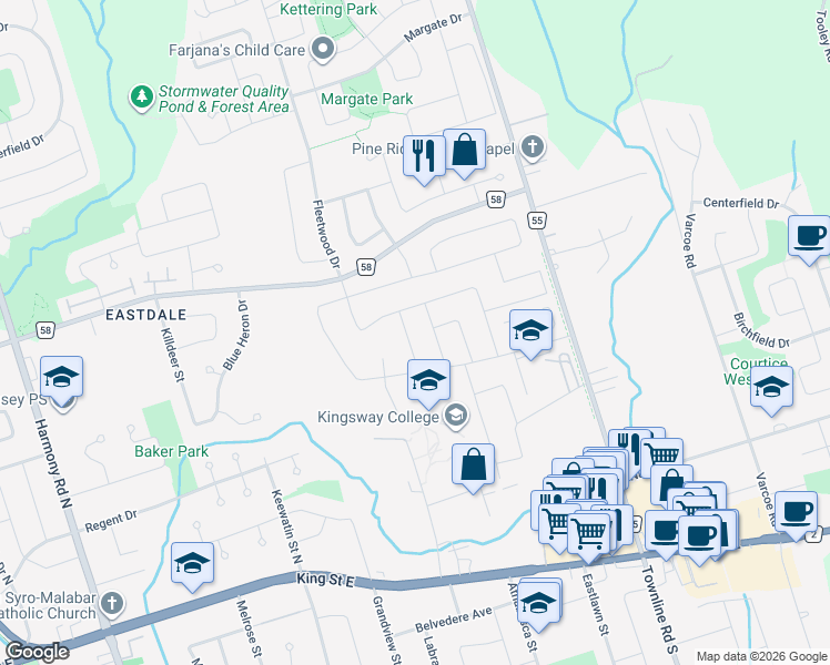 map of restaurants, bars, coffee shops, grocery stores, and more near 313 Wagar Court in Oshawa