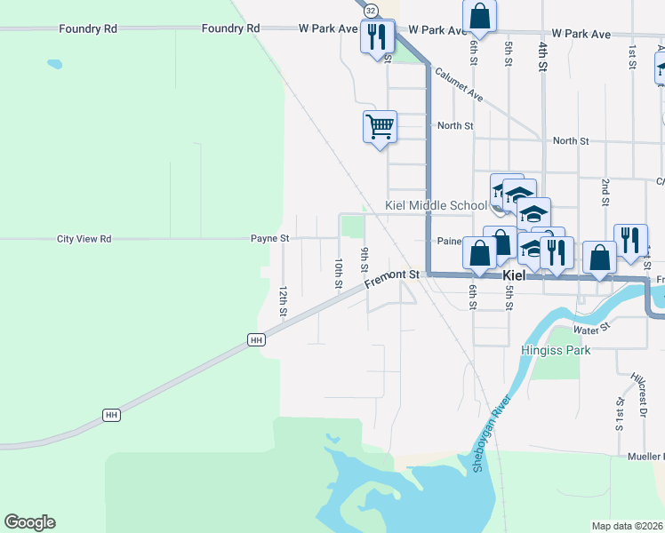 map of restaurants, bars, coffee shops, grocery stores, and more near 604 10th Street in Kiel