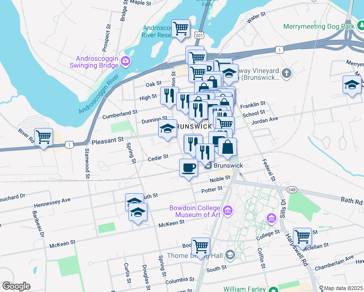 map of restaurants, bars, coffee shops, grocery stores, and more near 77 Union Street in Brunswick
