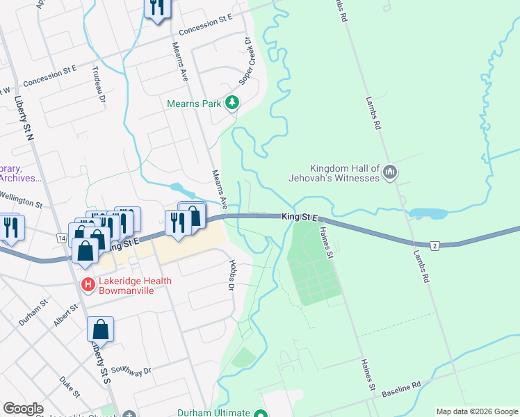 map of restaurants, bars, coffee shops, grocery stores, and more near 330 King Street East in Bowmanville