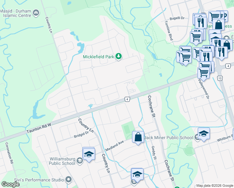 map of restaurants, bars, coffee shops, grocery stores, and more near 21 Gillivary Drive in Whitby