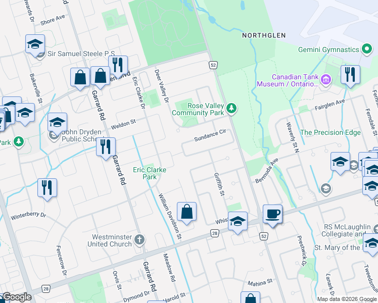 map of restaurants, bars, coffee shops, grocery stores, and more near 896 Sundance Circle in Oshawa