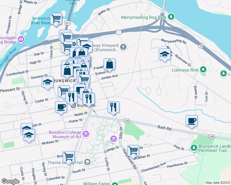 map of restaurants, bars, coffee shops, grocery stores, and more near 28 Maple Street in Brunswick