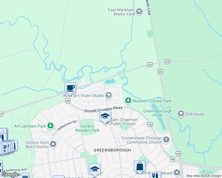 map of restaurants, bars, coffee shops, grocery stores, and more near 108 Rougeview Park Crescent in Markham