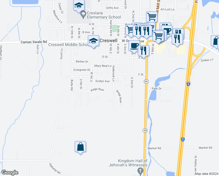 map of restaurants, bars, coffee shops, grocery stores, and more near 700 Kings Row in Creswell