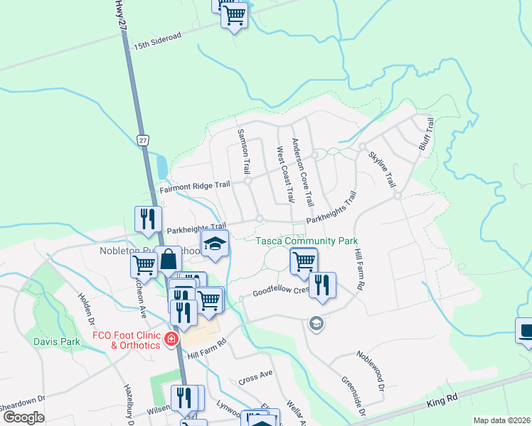 map of restaurants, bars, coffee shops, grocery stores, and more near 34 Parkheights Trail in Nobleton