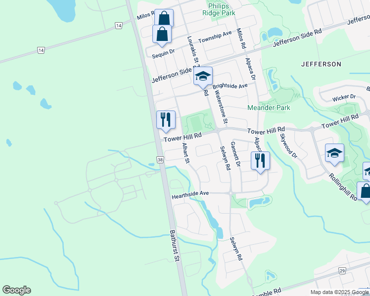 map of restaurants, bars, coffee shops, grocery stores, and more near Alhart Street in Richmond Hill