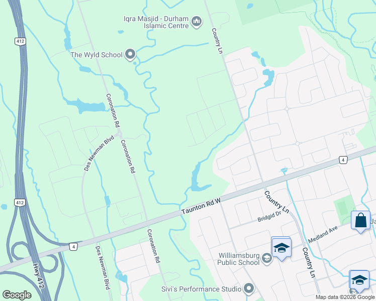 map of restaurants, bars, coffee shops, grocery stores, and more near 4195 Coronation Road in Whitby