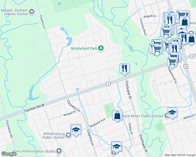 map of restaurants, bars, coffee shops, grocery stores, and more near Gillivary Drive in Whitby
