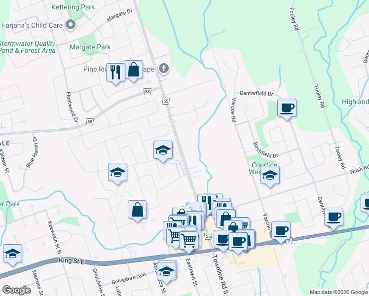 map of restaurants, bars, coffee shops, grocery stores, and more near 99 Townline Road North in Courtice