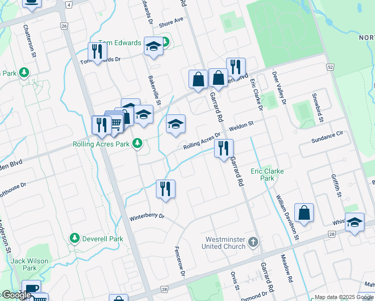 map of restaurants, bars, coffee shops, grocery stores, and more near 56 Daines Drive in Whitby