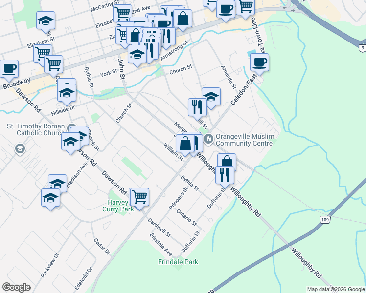 map of restaurants, bars, coffee shops, grocery stores, and more near in Orangeville