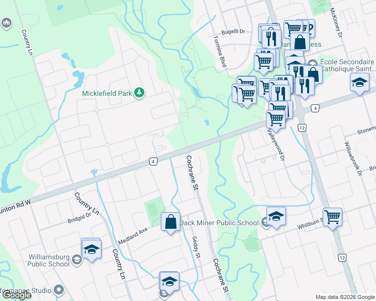 map of restaurants, bars, coffee shops, grocery stores, and more near Taunton Rd W & Cochrane St in Whitby