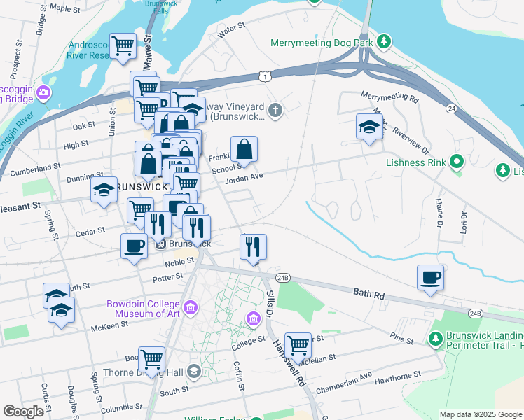 map of restaurants, bars, coffee shops, grocery stores, and more near 28 Maple Street in Brunswick