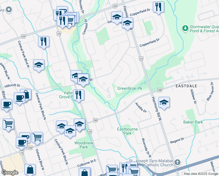 map of restaurants, bars, coffee shops, grocery stores, and more near 350 Camelot Court in Oshawa