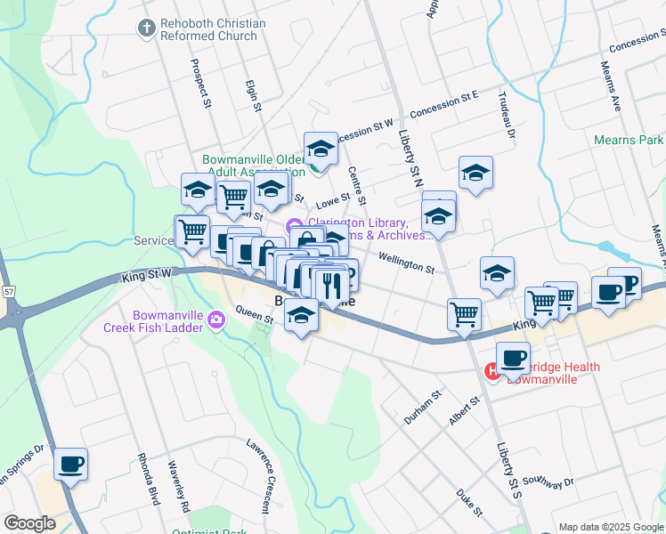 map of restaurants, bars, coffee shops, grocery stores, and more near 116 Church Street in Bowmanville