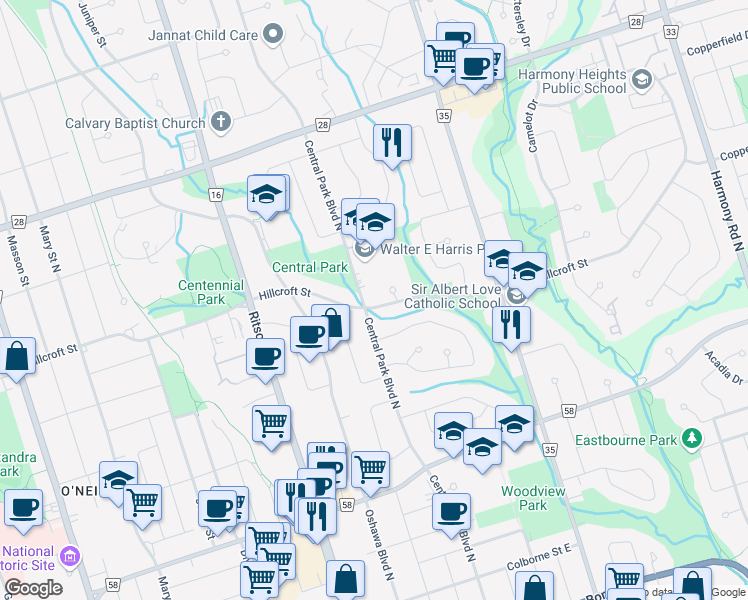 map of restaurants, bars, coffee shops, grocery stores, and more near 410 Hillcroft Street in Oshawa