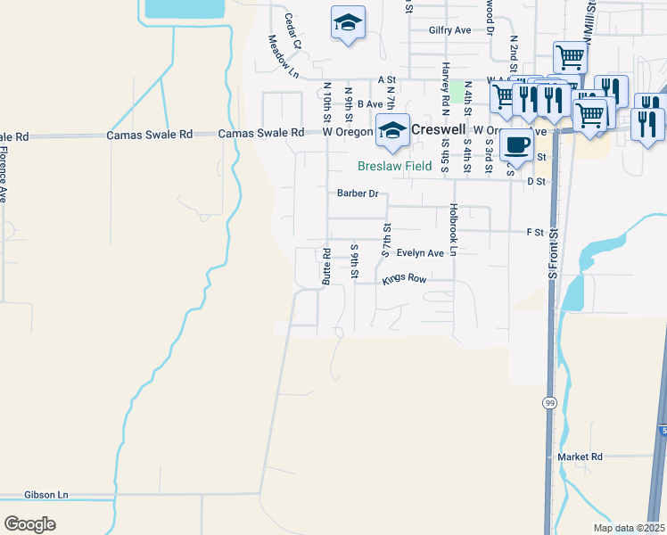 map of restaurants, bars, coffee shops, grocery stores, and more near 652 Kayla Marie Street in Creswell