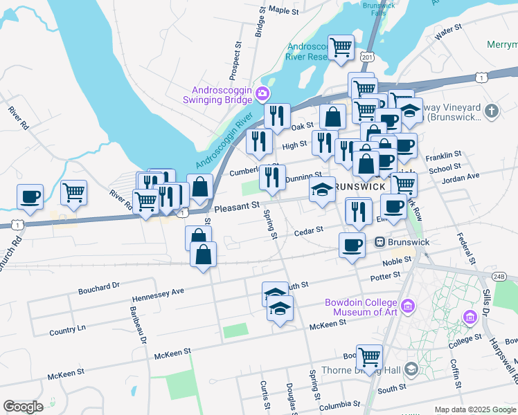 map of restaurants, bars, coffee shops, grocery stores, and more near 9 Morse Court in Brunswick