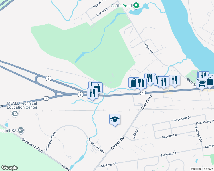 map of restaurants, bars, coffee shops, grocery stores, and more near 1 Range Road in Brunswick