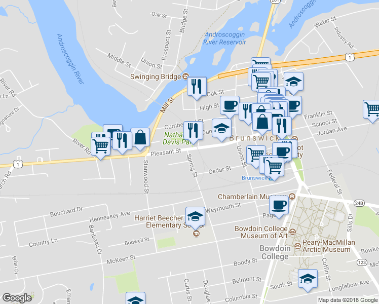 map of restaurants, bars, coffee shops, grocery stores, and more near 59 Pleasant Street in Brunswick