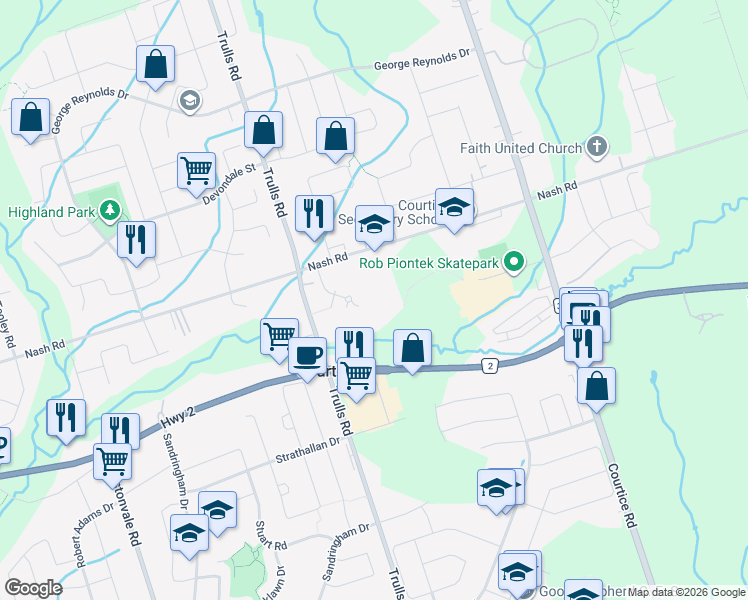 map of restaurants, bars, coffee shops, grocery stores, and more near in Courtice