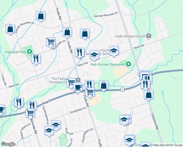 map of restaurants, bars, coffee shops, grocery stores, and more near Unnamed Road in Courtice