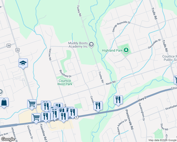 map of restaurants, bars, coffee shops, grocery stores, and more near 33 Washburn Path in Clarington