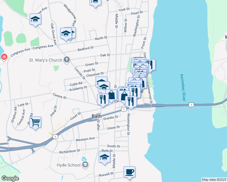 map of restaurants, bars, coffee shops, grocery stores, and more near 111 Centre Street in Bath