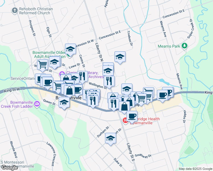 map of restaurants, bars, coffee shops, grocery stores, and more near in Bowmanville