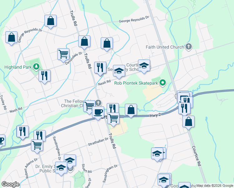 map of restaurants, bars, coffee shops, grocery stores, and more near 1663 Nash Road in Courtice