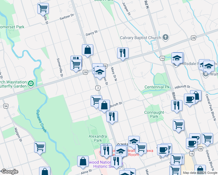 map of restaurants, bars, coffee shops, grocery stores, and more near 569 Masson Street in Oshawa