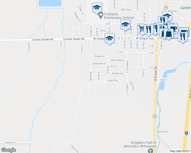 map of restaurants, bars, coffee shops, grocery stores, and more near 959 Odom Lane in Creswell