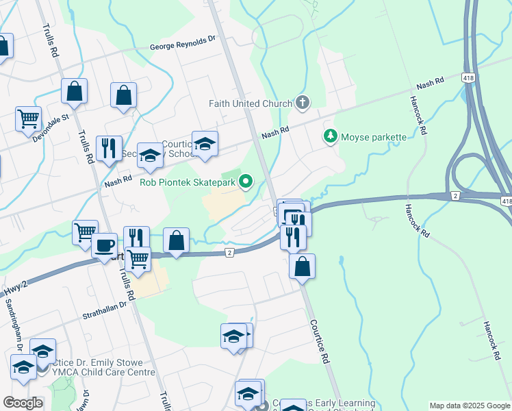map of restaurants, bars, coffee shops, grocery stores, and more near 2800 Courtice Road in Courtice