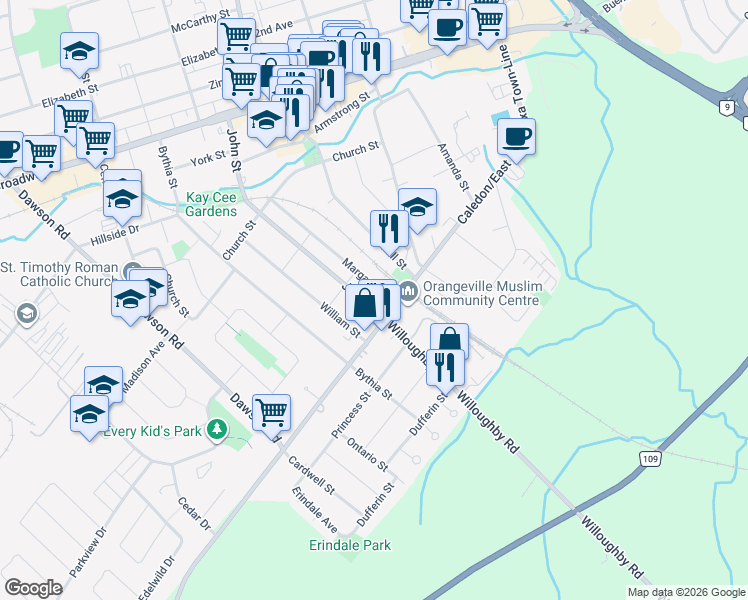 map of restaurants, bars, coffee shops, grocery stores, and more near 75 John Street in Orangeville