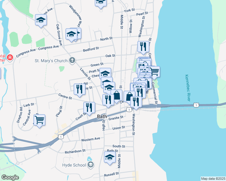 map of restaurants, bars, coffee shops, grocery stores, and more near 829 High Street in Bath
