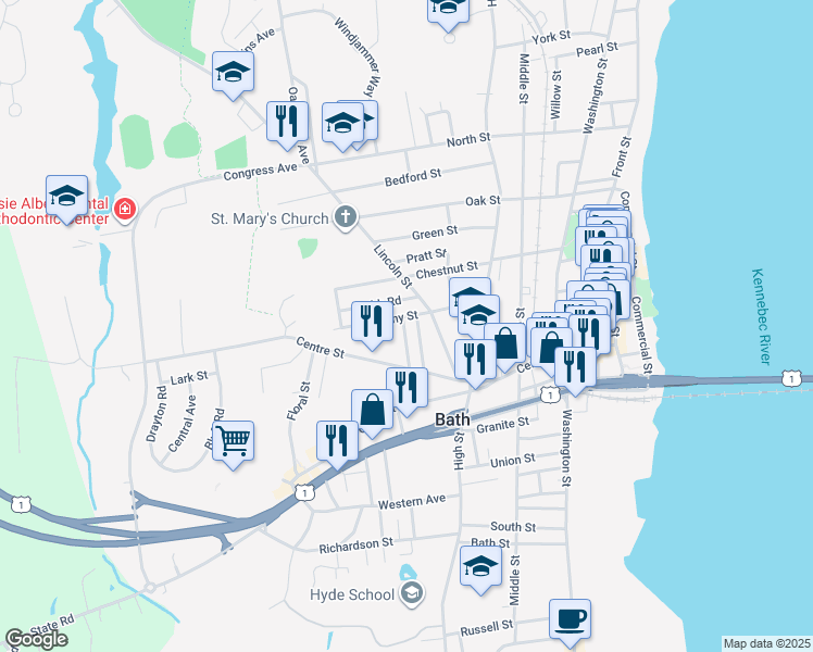 map of restaurants, bars, coffee shops, grocery stores, and more near 2 Cobb Road in Bath