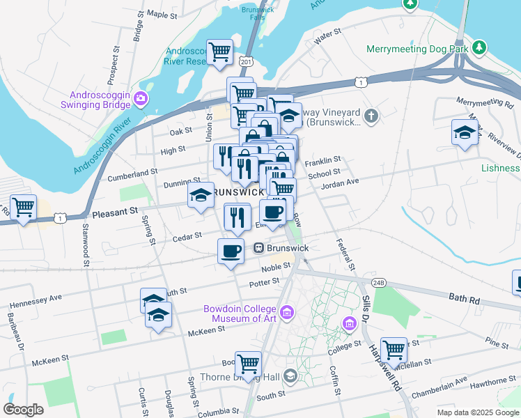 map of restaurants, bars, coffee shops, grocery stores, and more near 9 Pleasant Street in Brunswick