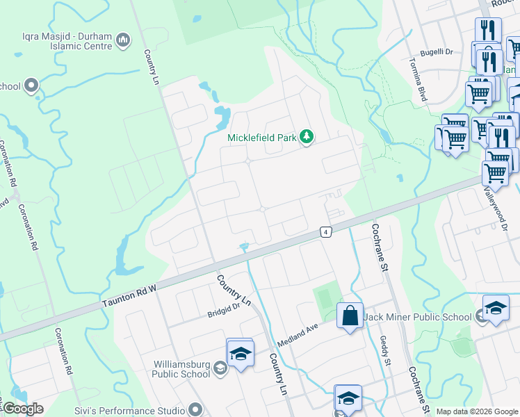 map of restaurants, bars, coffee shops, grocery stores, and more near Christine Elliot Avenue in Whitby